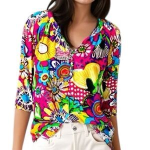 SOL Clothing Boutique Multi-Color Floral 100% Cotton Top -- 1X‎